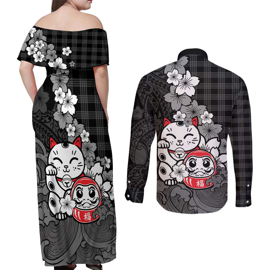 Black Palaka Hawaiian And Japanese Couples Matching Off Shoulder Maxi Dress and Long Sleeve Button Shirt Maneki Neko And Sakura Bloom DT05 - Polynesian Pride