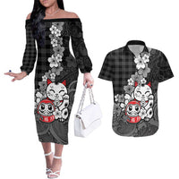 Black Palaka Hawaiian And Japanese Couples Matching Off The Shoulder Long Sleeve Dress and Hawaiian Shirt Maneki Neko And Sakura Bloom DT05 Black - Polynesian Pride