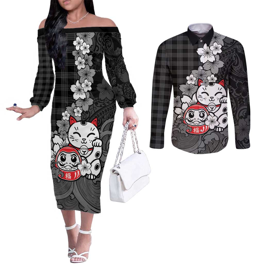 Black Palaka Hawaiian And Japanese Couples Matching Off The Shoulder Long Sleeve Dress and Long Sleeve Button Shirt Maneki Neko And Sakura Bloom DT05 Black - Polynesian Pride