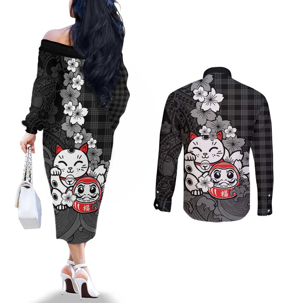 Black Palaka Hawaiian And Japanese Couples Matching Off The Shoulder Long Sleeve Dress and Long Sleeve Button Shirt Maneki Neko And Sakura Bloom DT05 - Polynesian Pride