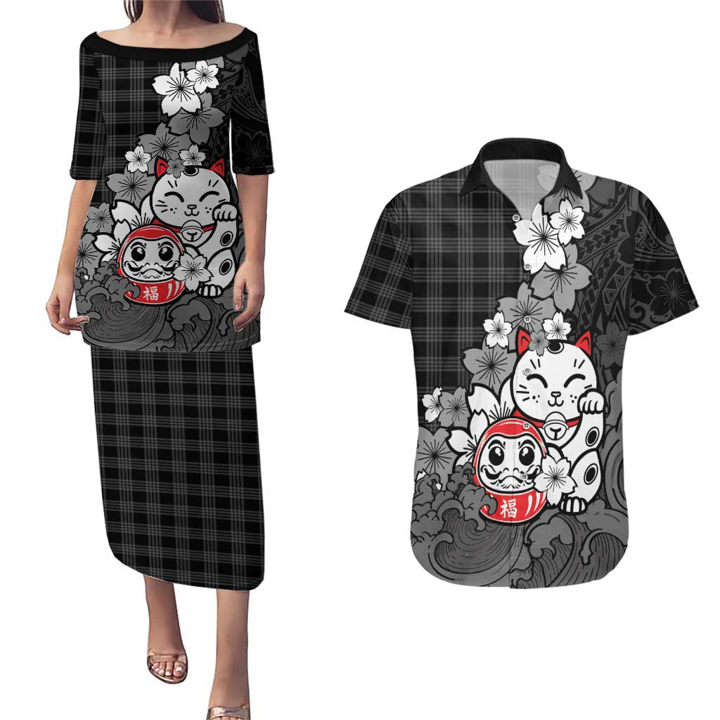 Black Palaka Hawaiian And Japanese Couples Matching Puletasi and Hawaiian Shirt Maneki Neko And Sakura Bloom DT05 Black - Polynesian Pride