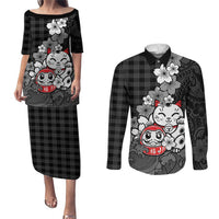 Black Palaka Hawaiian And Japanese Couples Matching Puletasi and Long Sleeve Button Shirt Maneki Neko And Sakura Bloom