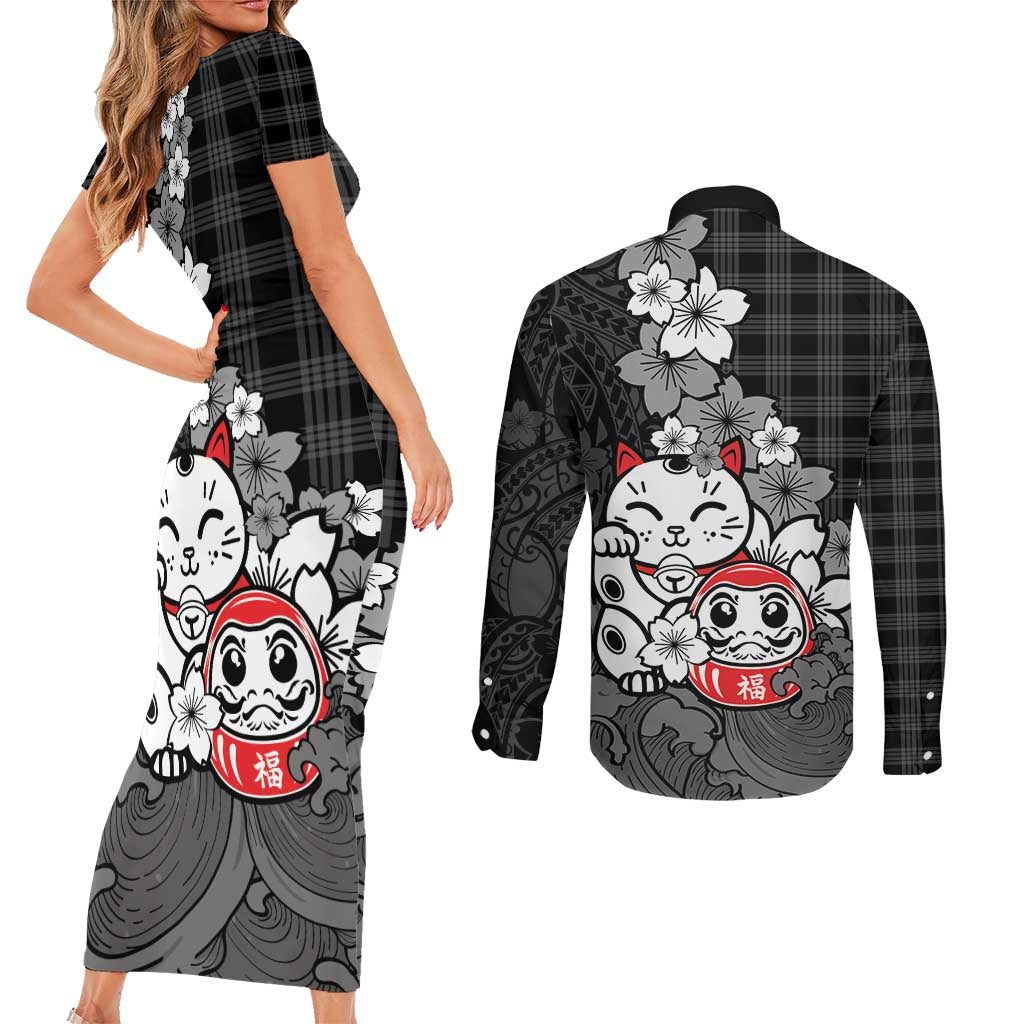 Black Palaka Hawaiian And Japanese Couples Matching Short Sleeve Bodycon Dress and Long Sleeve Button Shirt Maneki Neko And Sakura Bloom DT05 - Polynesian Pride