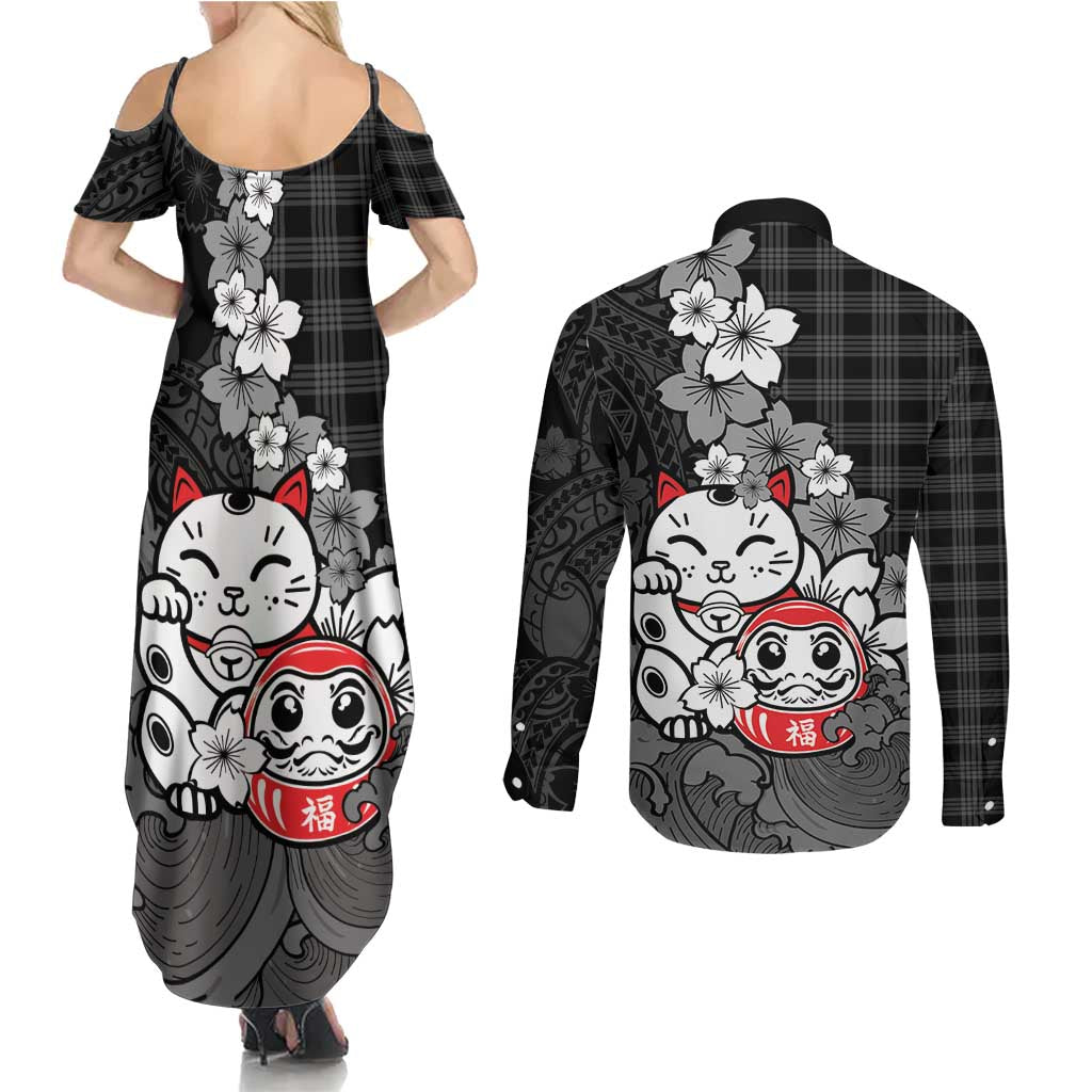 Black Palaka Hawaiian And Japanese Couples Matching Summer Maxi Dress and Long Sleeve Button Shirt Maneki Neko And Sakura Bloom DT05 - Polynesian Pride