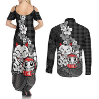 Black Palaka Hawaiian And Japanese Couples Matching Summer Maxi Dress and Long Sleeve Button Shirt Maneki Neko And Sakura Bloom DT05 - Polynesian Pride