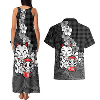 Black Palaka Hawaiian And Japanese Couples Matching Tank Maxi Dress and Hawaiian Shirt Maneki Neko And Sakura Bloom DT05 - Polynesian Pride
