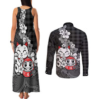 Black Palaka Hawaiian And Japanese Couples Matching Tank Maxi Dress and Long Sleeve Button Shirt Maneki Neko And Sakura Bloom DT05 - Polynesian Pride