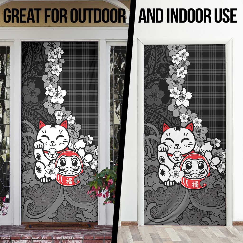 Black Palaka Hawaiian And Japanese Door Cover Maneki Neko And Sakura Bloom