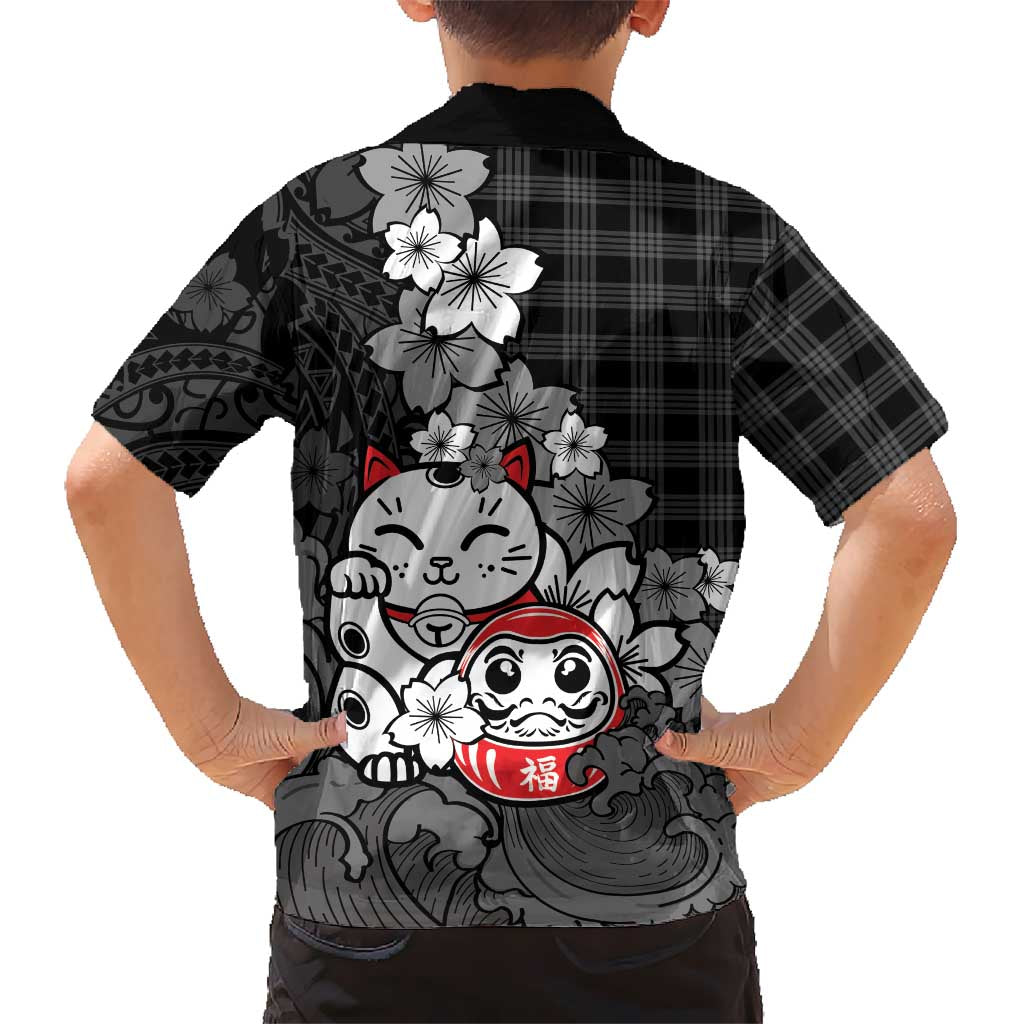 Black Palaka Hawaiian And Japanese Family Matching Mermaid Dress and Hawaiian Shirt Maneki Neko And Sakura Bloom DT05 - Polynesian Pride