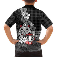 Black Palaka Hawaiian And Japanese Family Matching Mermaid Dress and Hawaiian Shirt Maneki Neko And Sakura Bloom DT05 - Polynesian Pride