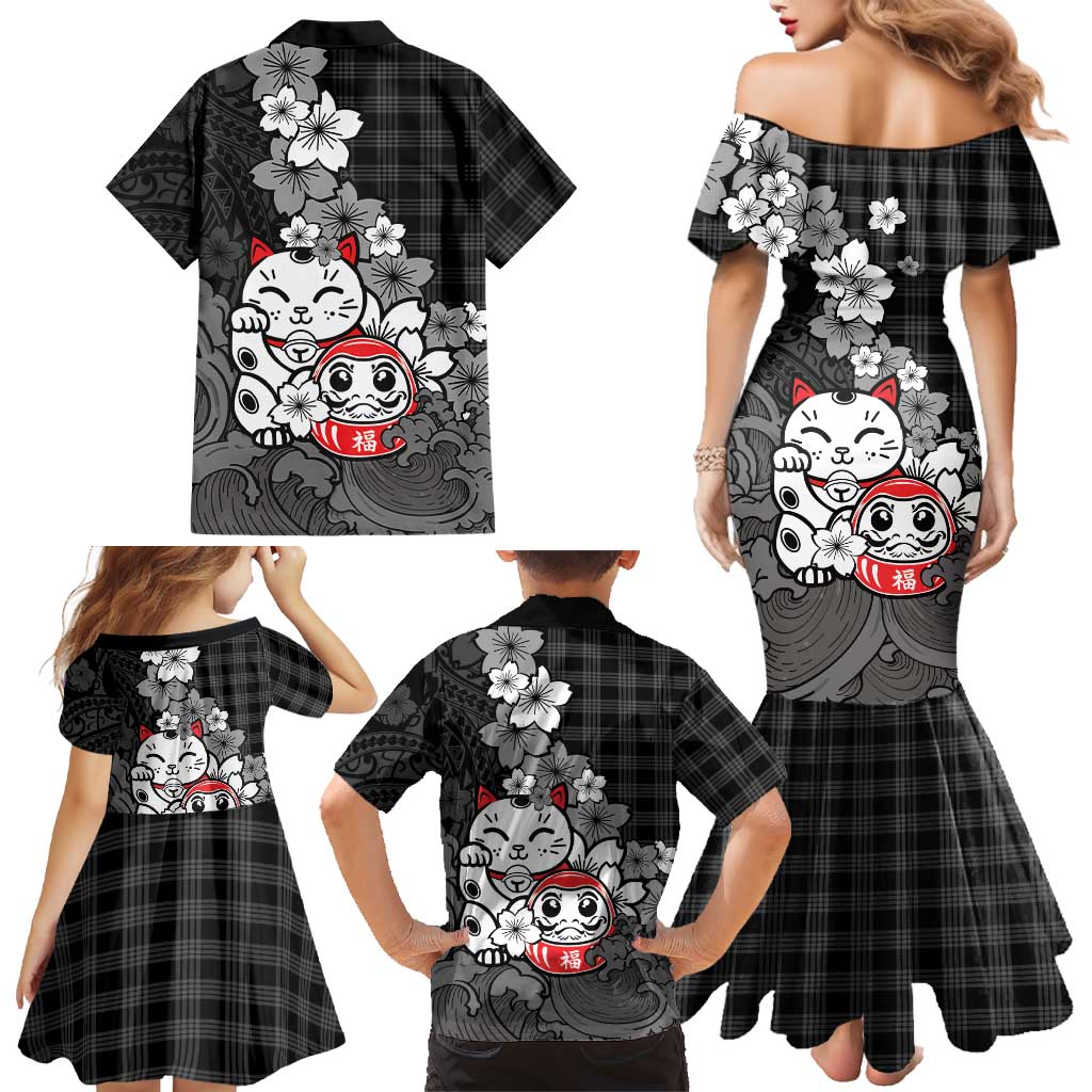 Black Palaka Hawaiian And Japanese Family Matching Mermaid Dress and Hawaiian Shirt Maneki Neko And Sakura Bloom DT05 - Polynesian Pride