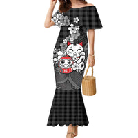 Black Palaka Hawaiian And Japanese Family Matching Mermaid Dress and Hawaiian Shirt Maneki Neko And Sakura Bloom DT05 Mom's Dress Black - Polynesian Pride