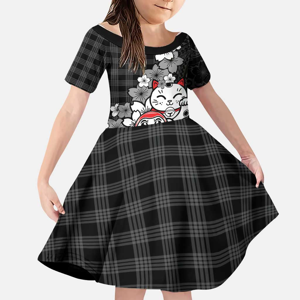 Black Palaka Hawaiian And Japanese Family Matching Off The Shoulder Long Sleeve Dress and Hawaiian Shirt Maneki Neko And Sakura Bloom DT05 Daughter's Dress Black - Polynesian Pride
