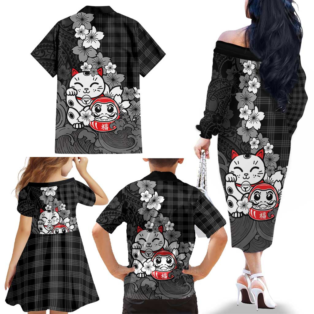 Black Palaka Hawaiian And Japanese Family Matching Off The Shoulder Long Sleeve Dress and Hawaiian Shirt Maneki Neko And Sakura Bloom DT05 - Polynesian Pride