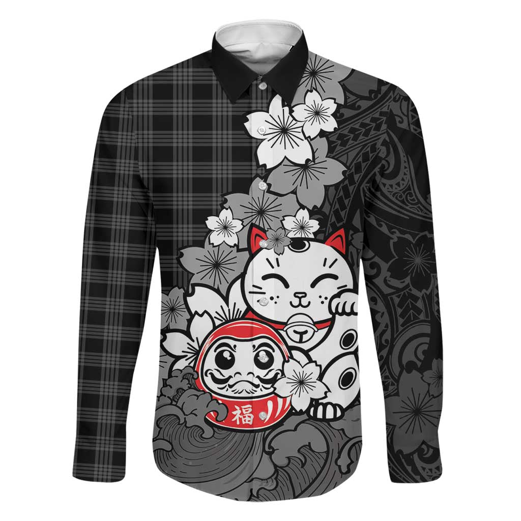 Black Palaka Hawaiian And Japanese Family Matching Off The Shoulder Long Sleeve Dress and Hawaiian Shirt Maneki Neko And Sakura Bloom DT05 Dad's Shirt - Long Sleeve Black - Polynesian Pride