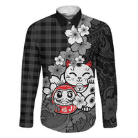 Black Palaka Hawaiian And Japanese Family Matching Off The Shoulder Long Sleeve Dress and Hawaiian Shirt Maneki Neko And Sakura Bloom DT05 Dad's Shirt - Long Sleeve Black - Polynesian Pride