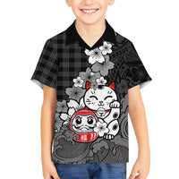 Black Palaka Hawaiian And Japanese Family Matching Off The Shoulder Long Sleeve Dress and Hawaiian Shirt Maneki Neko And Sakura Bloom DT05 Son's Shirt Black - Polynesian Pride