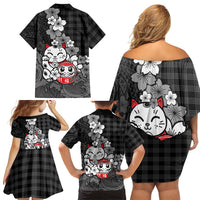 Black Palaka Hawaiian And Japanese Family Matching Off Shoulder Short Dress and Hawaiian Shirt Maneki Neko And Sakura Bloom DT05 - Polynesian Pride