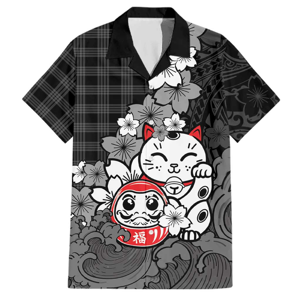 Black Palaka Hawaiian And Japanese Family Matching Off Shoulder Short Dress and Hawaiian Shirt Maneki Neko And Sakura Bloom DT05 Dad's Shirt - Short Sleeve Black - Polynesian Pride