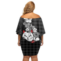 Black Palaka Hawaiian And Japanese Family Matching Off Shoulder Short Dress and Hawaiian Shirt Maneki Neko And Sakura Bloom DT05 - Polynesian Pride