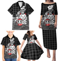 Black Palaka Hawaiian And Japanese Family Matching Puletasi and Hawaiian Shirt Maneki Neko And Sakura Bloom DT05 - Polynesian Pride