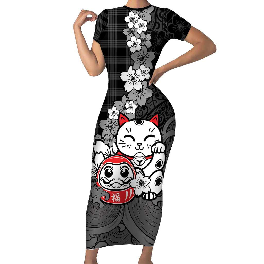 Black Palaka Hawaiian And Japanese Family Matching Short Sleeve Bodycon Dress and Hawaiian Shirt Maneki Neko And Sakura Bloom DT05 Mom's Dress Black - Polynesian Pride