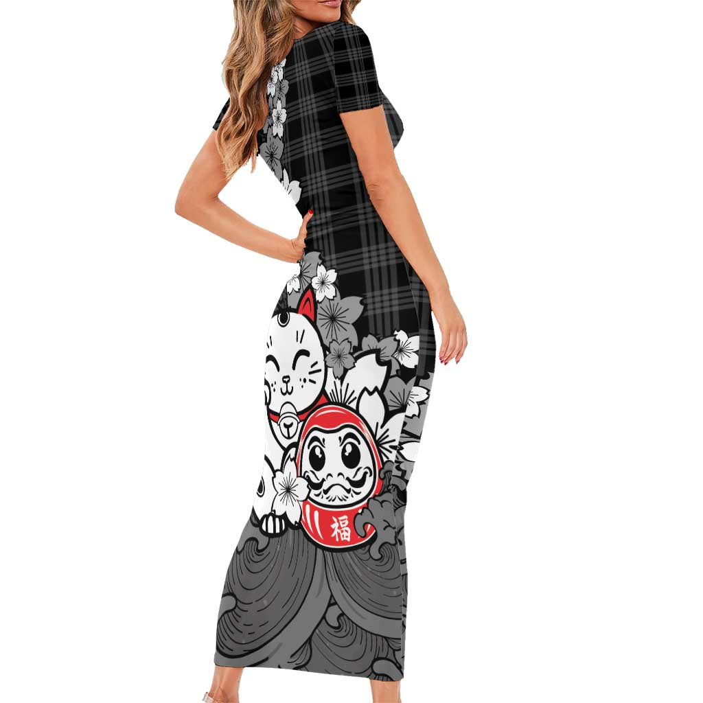Black Palaka Hawaiian And Japanese Family Matching Short Sleeve Bodycon Dress and Hawaiian Shirt Maneki Neko And Sakura Bloom DT05 - Polynesian Pride