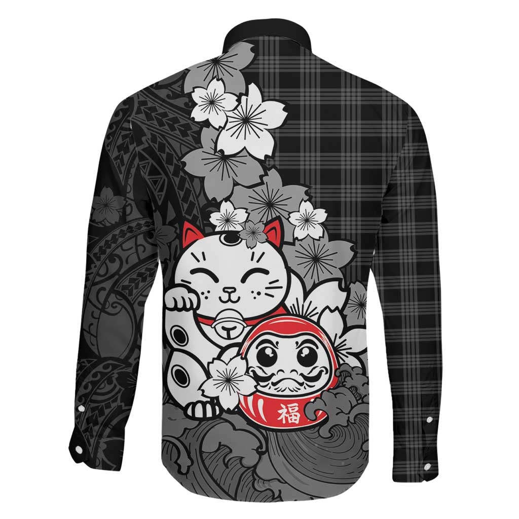 Black Palaka Hawaiian And Japanese Family Matching Summer Maxi Dress and Hawaiian Shirt Maneki Neko And Sakura Bloom DT05 - Polynesian Pride