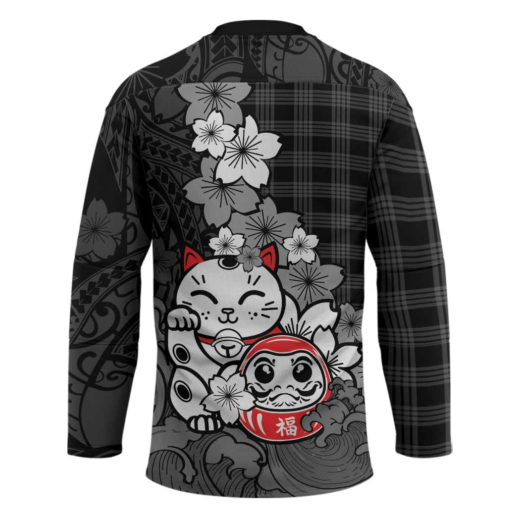 Black Palaka Hawaiian And Japanese Hockey Jersey Maneki Neko And Sakura Bloom