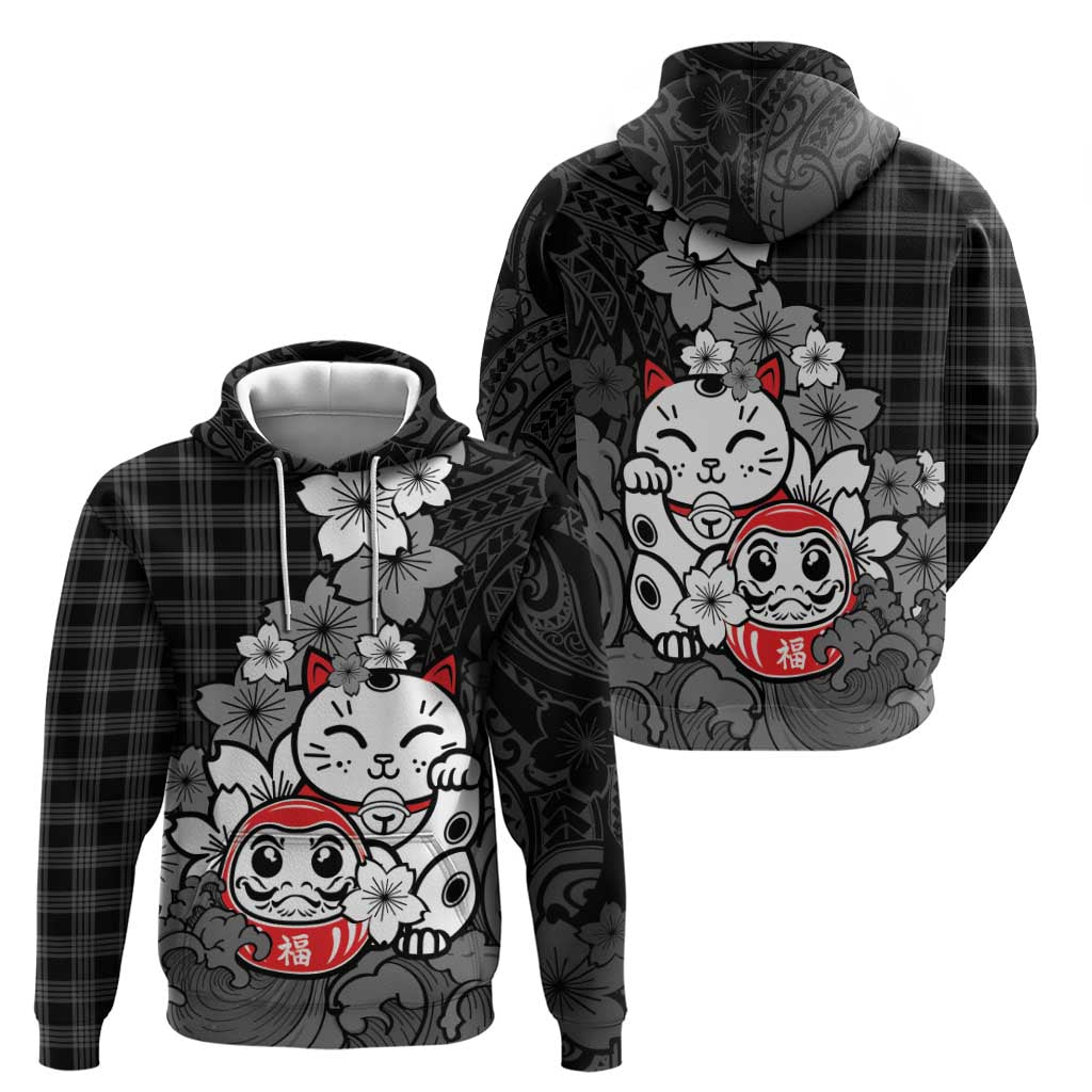 Black Palaka Hawaiian And Japanese Hoodie Maneki Neko And Sakura Bloom