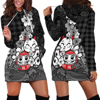 Black Palaka Hawaiian And Japanese Hoodie Dress Maneki Neko And Sakura Bloom