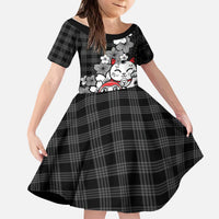 Black Palaka Hawaiian And Japanese Kid Short Sleeve Dress Maneki Neko And Sakura Bloom