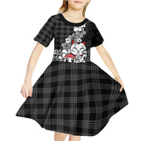Black Palaka Hawaiian And Japanese Kid Short Sleeve Dress Maneki Neko And Sakura Bloom