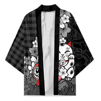 Black Palaka Hawaiian And Japanese Kimono Maneki Neko And Sakura Bloom