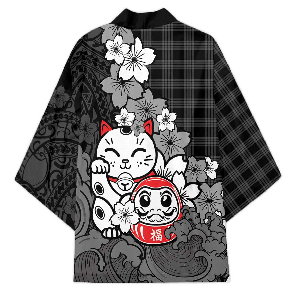 Black Palaka Hawaiian And Japanese Kimono Maneki Neko And Sakura Bloom