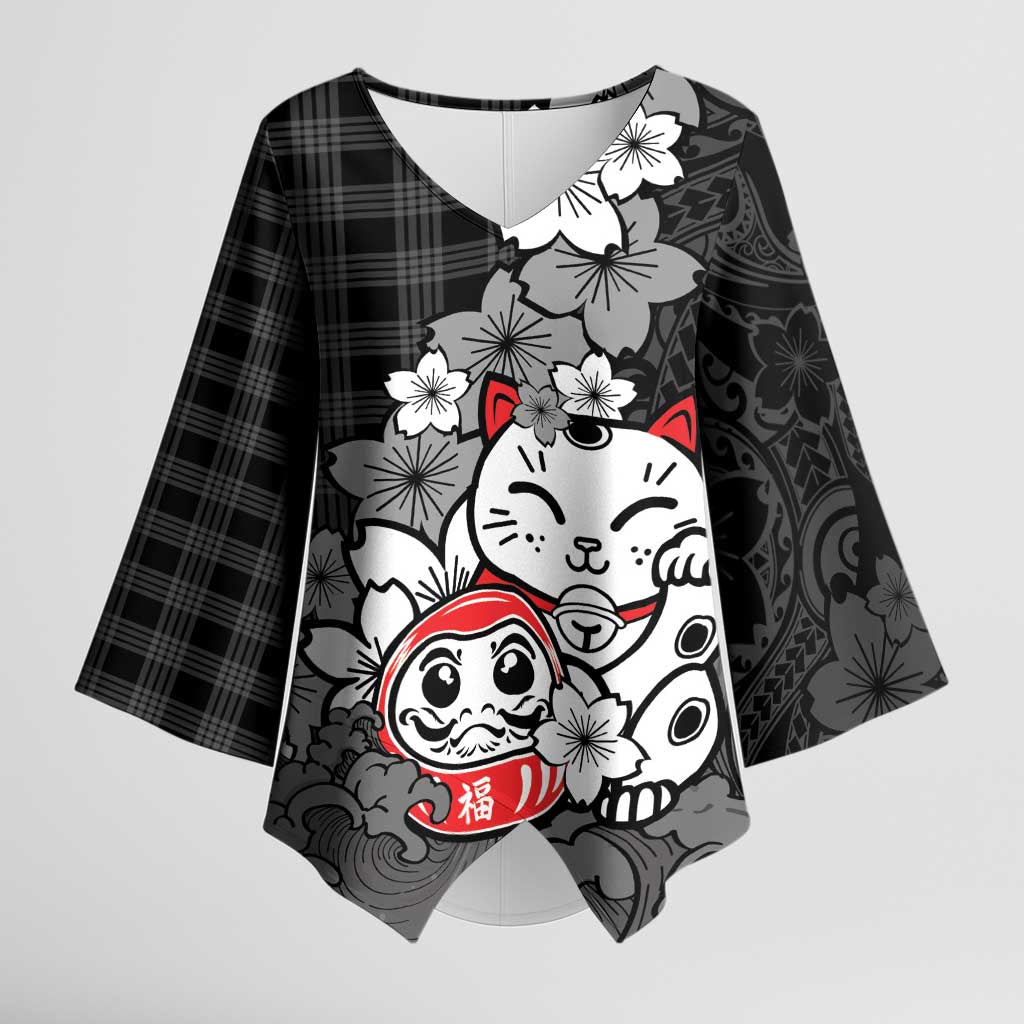Black Palaka Hawaiian And Japanese Kimono Sleeve Blouse Maneki Neko And Sakura Bloom