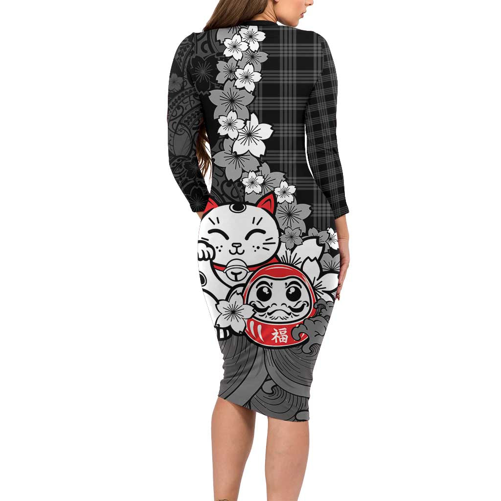 Black Palaka Hawaiian And Japanese Long Sleeve Bodycon Dress Maneki Neko And Sakura Bloom