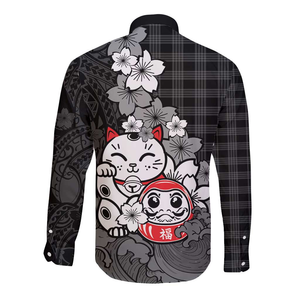 Black Palaka Hawaiian And Japanese Long Sleeve Button Shirt Maneki Neko And Sakura Bloom