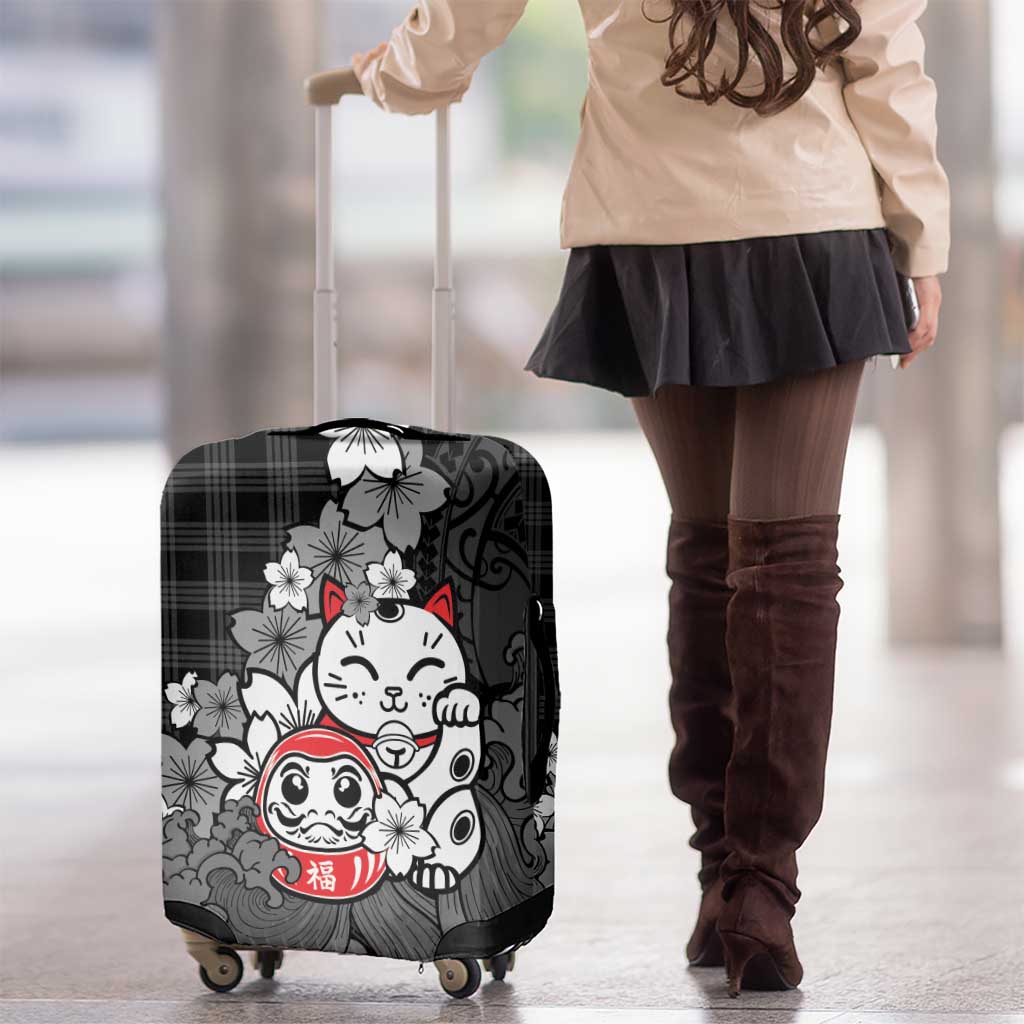 Black Palaka Hawaiian And Japanese Luggage Cover Maneki Neko And Sakura Bloom