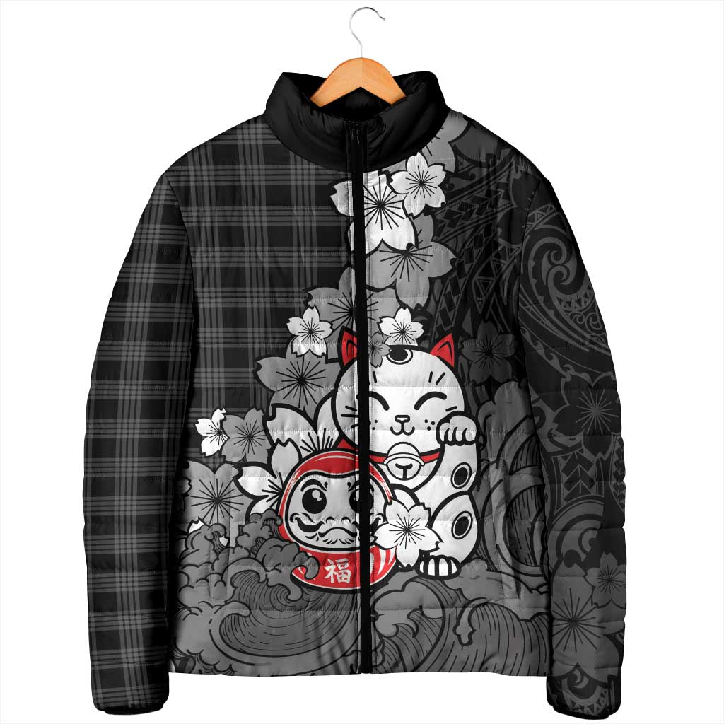 Black Palaka Hawaiian And Japanese Padded Jacket Maneki Neko And Sakura Bloom
