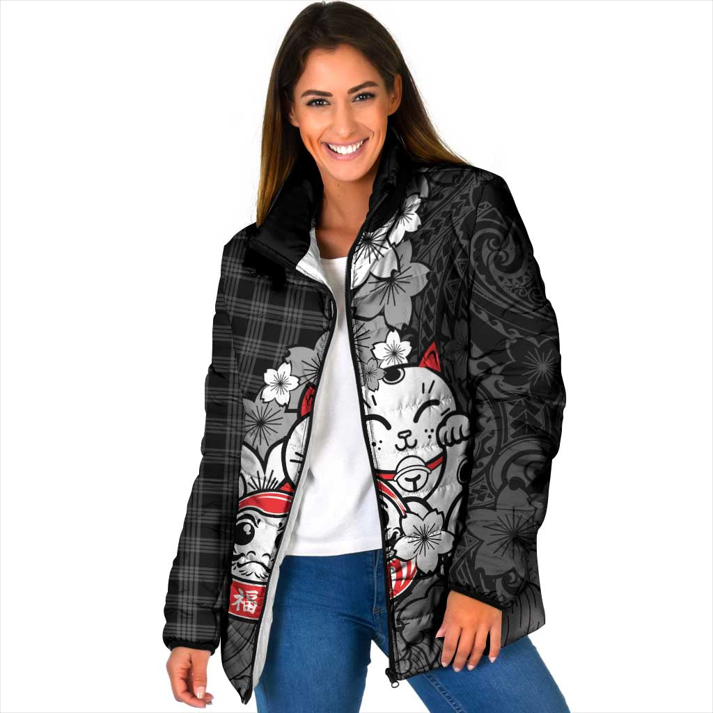 Black Palaka Hawaiian And Japanese Padded Jacket Maneki Neko And Sakura Bloom