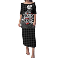 Black Palaka Hawaiian And Japanese Puletasi Maneki Neko And Sakura Bloom DT05 Long Dress Black - Polynesian Pride