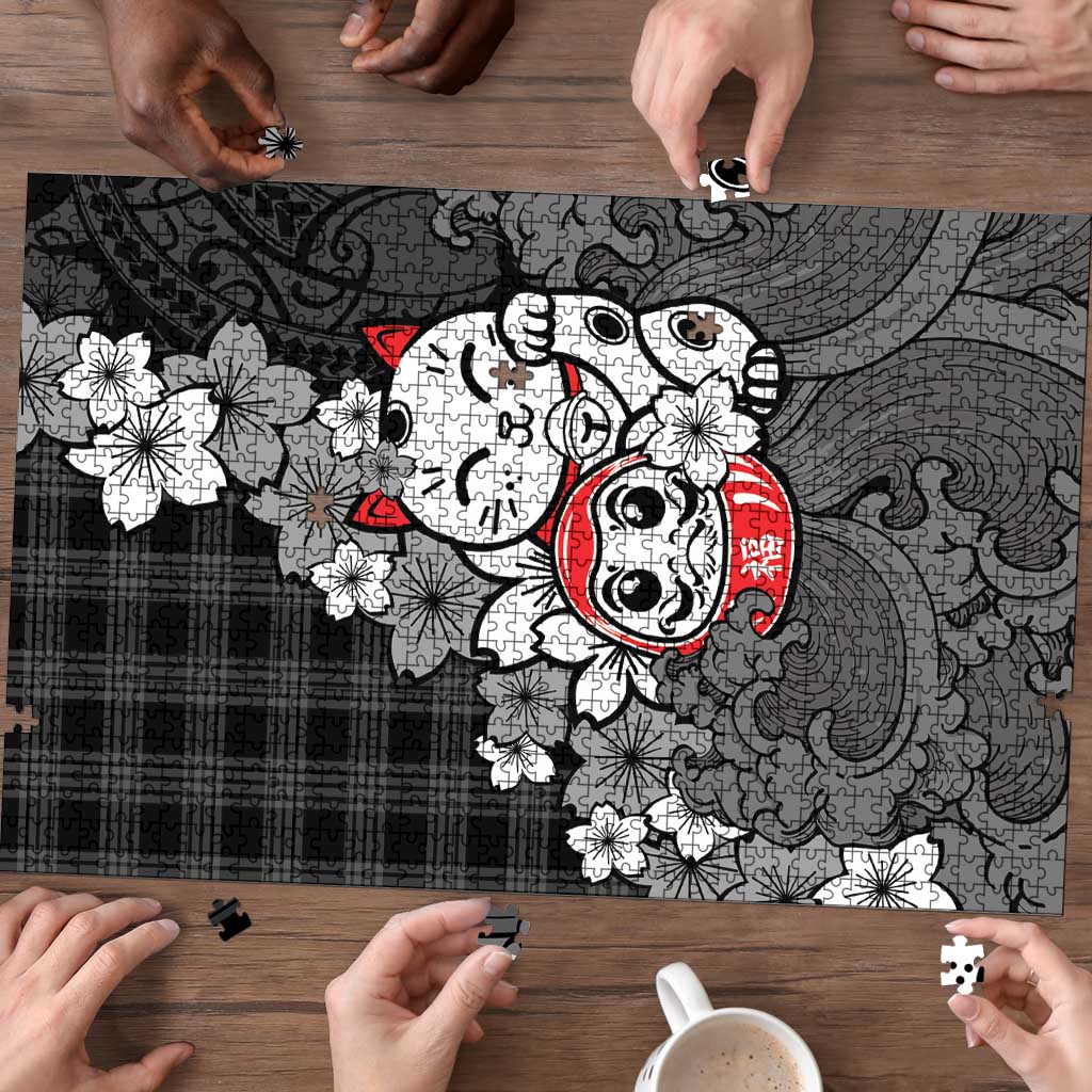 Black Palaka Hawaiian And Japanese Puzzle Maneki Neko And Sakura Bloom