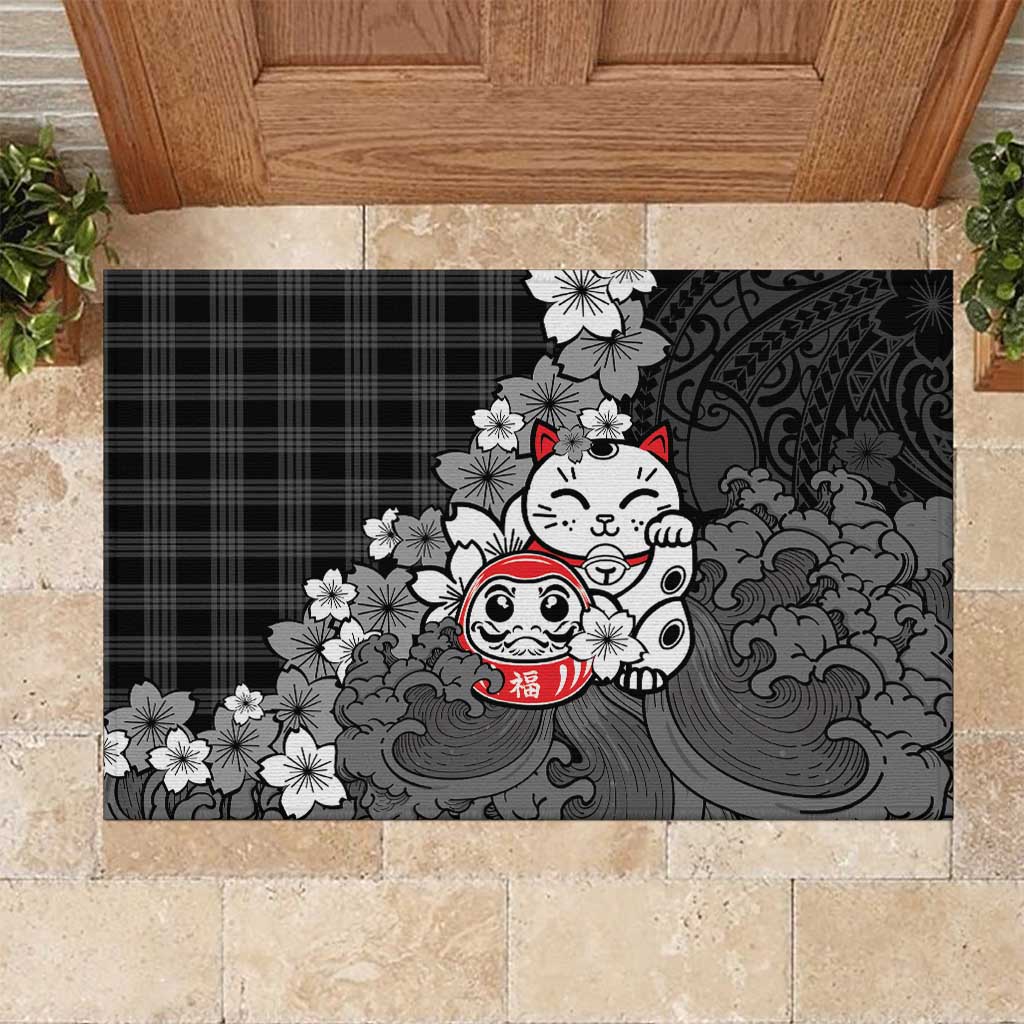 Black Palaka Hawaiian And Japanese Rubber Doormat Maneki Neko And Sakura Bloom