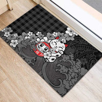 Black Palaka Hawaiian And Japanese Rubber Doormat Maneki Neko And Sakura Bloom