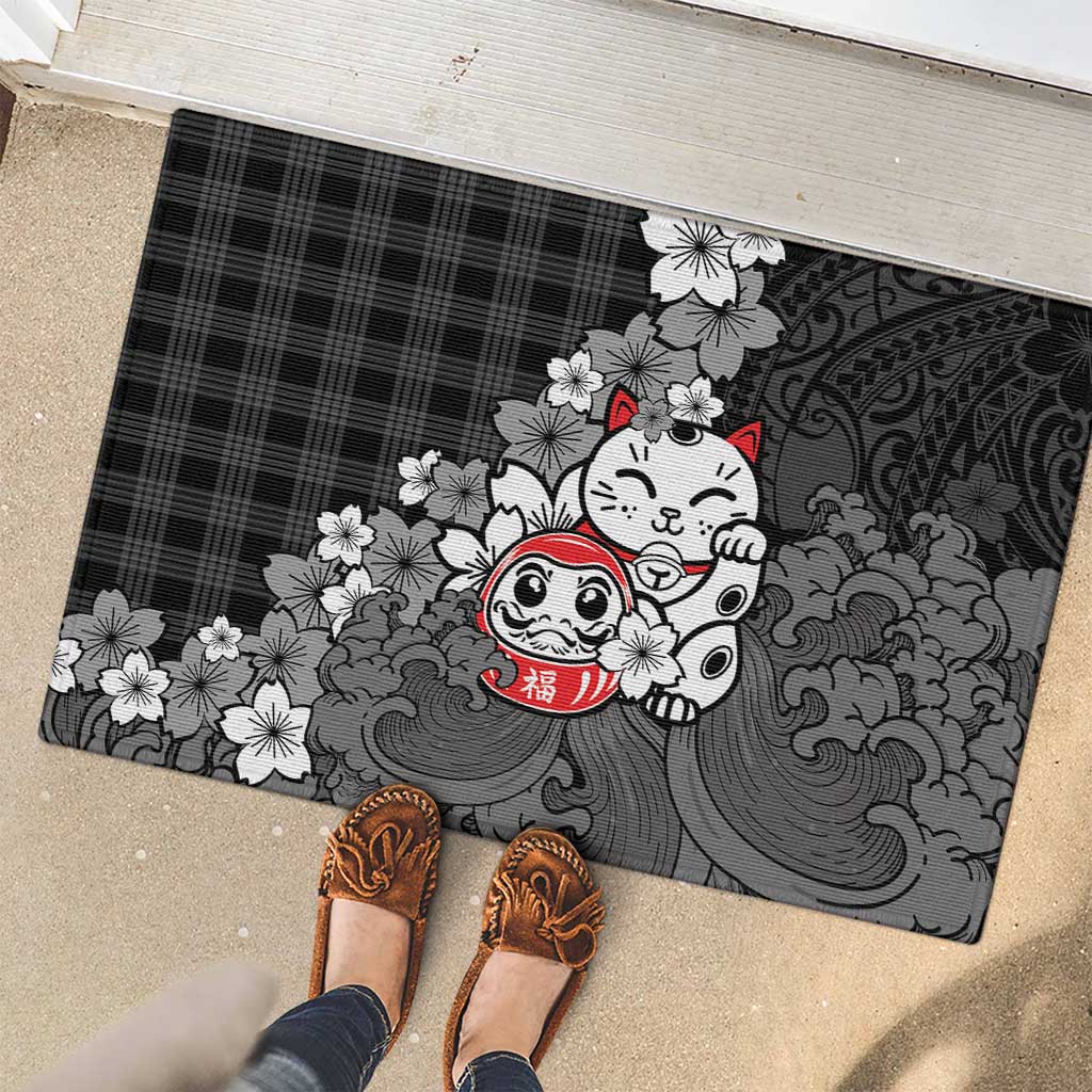Black Palaka Hawaiian And Japanese Rubber Doormat Maneki Neko And Sakura Bloom