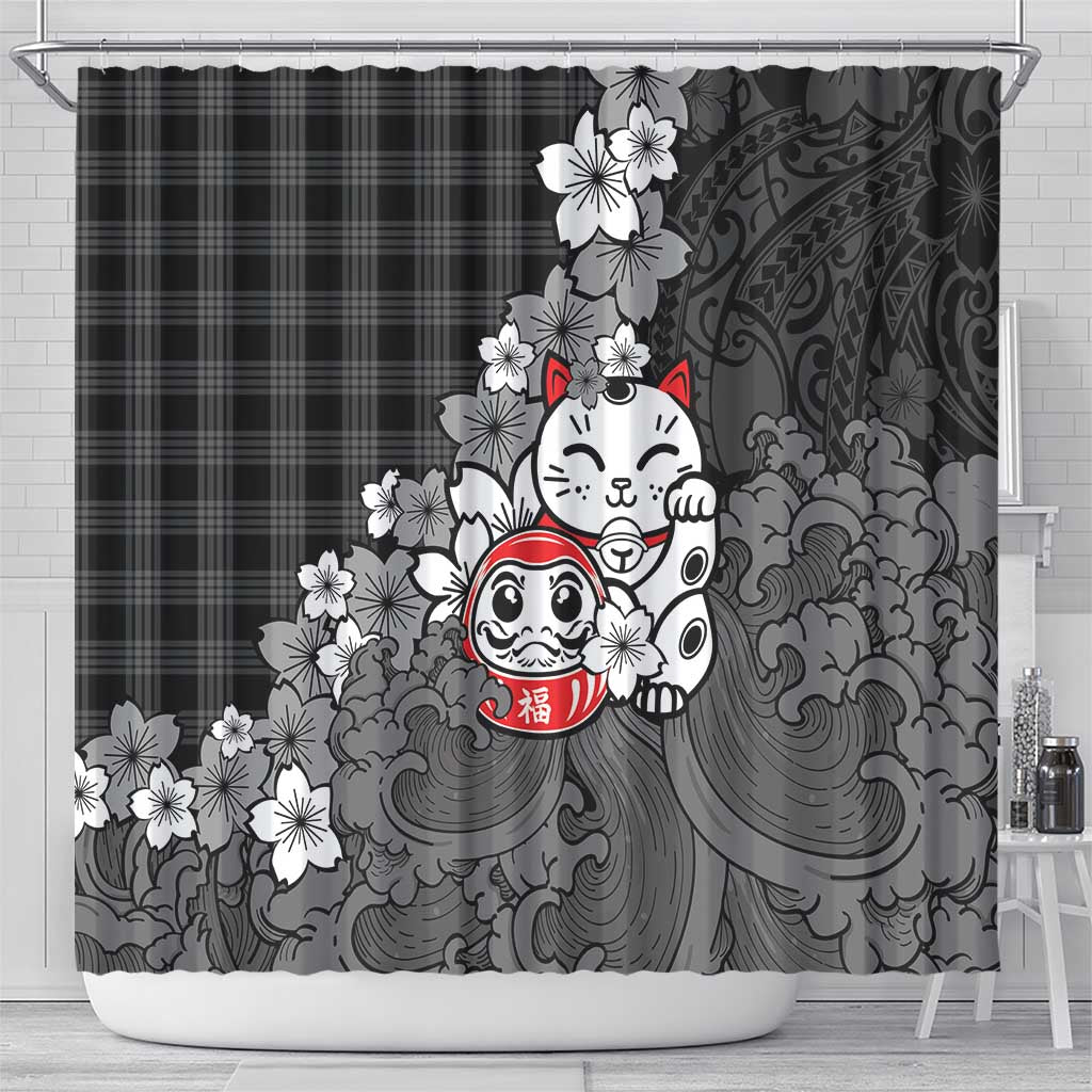 Black Palaka Hawaiian And Japanese Shower Curtain Maneki Neko And Sakura Bloom