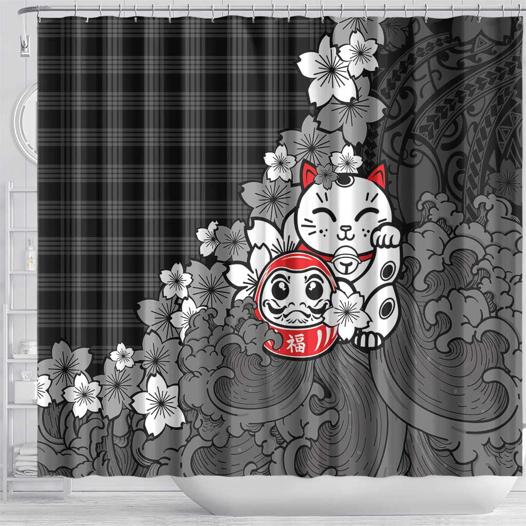 Black Palaka Hawaiian And Japanese Shower Curtain Maneki Neko And Sakura Bloom