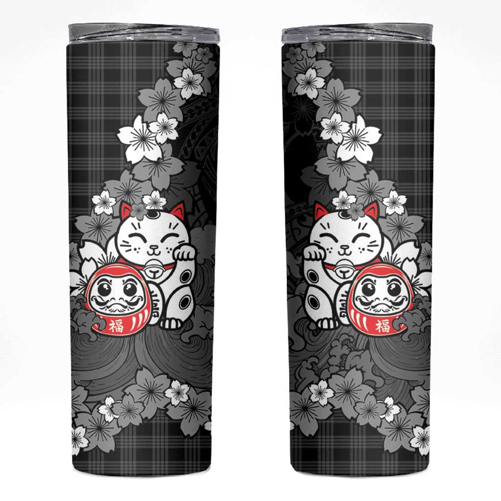 Black Palaka Hawaiian And Japanese Skinny Tumbler Maneki Neko And Sakura Bloom DT05 Black - Polynesian Pride