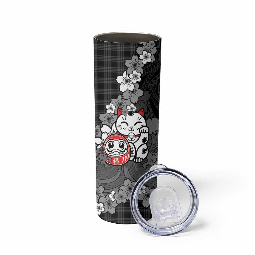 Black Palaka Hawaiian And Japanese Skinny Tumbler Maneki Neko And Sakura Bloom DT05 - Polynesian Pride